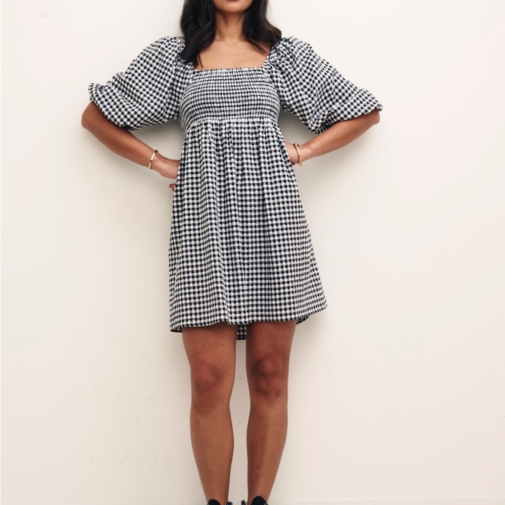 Nobody’s Child Black Gingham Kylie Mini Smock Dress Petite Size 10